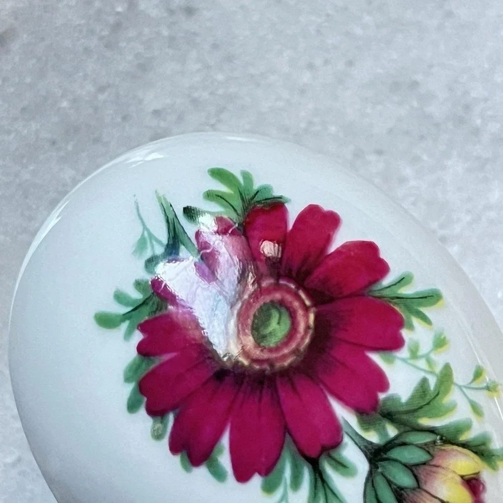 Chamart France Egg Shaped Trinket Box Pink Red Flower